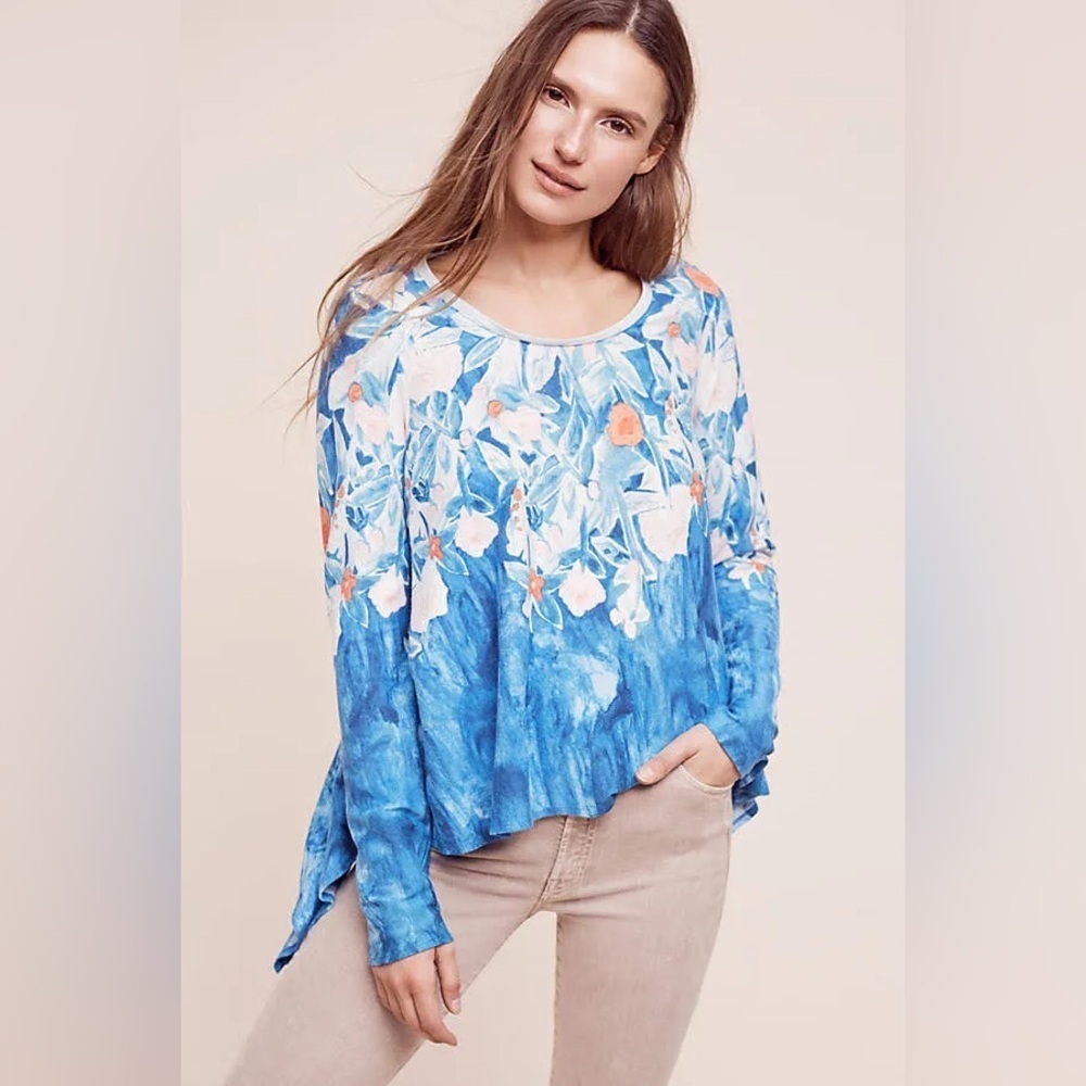Anthropologie Asymmetrical Blue and White Long Sleeve